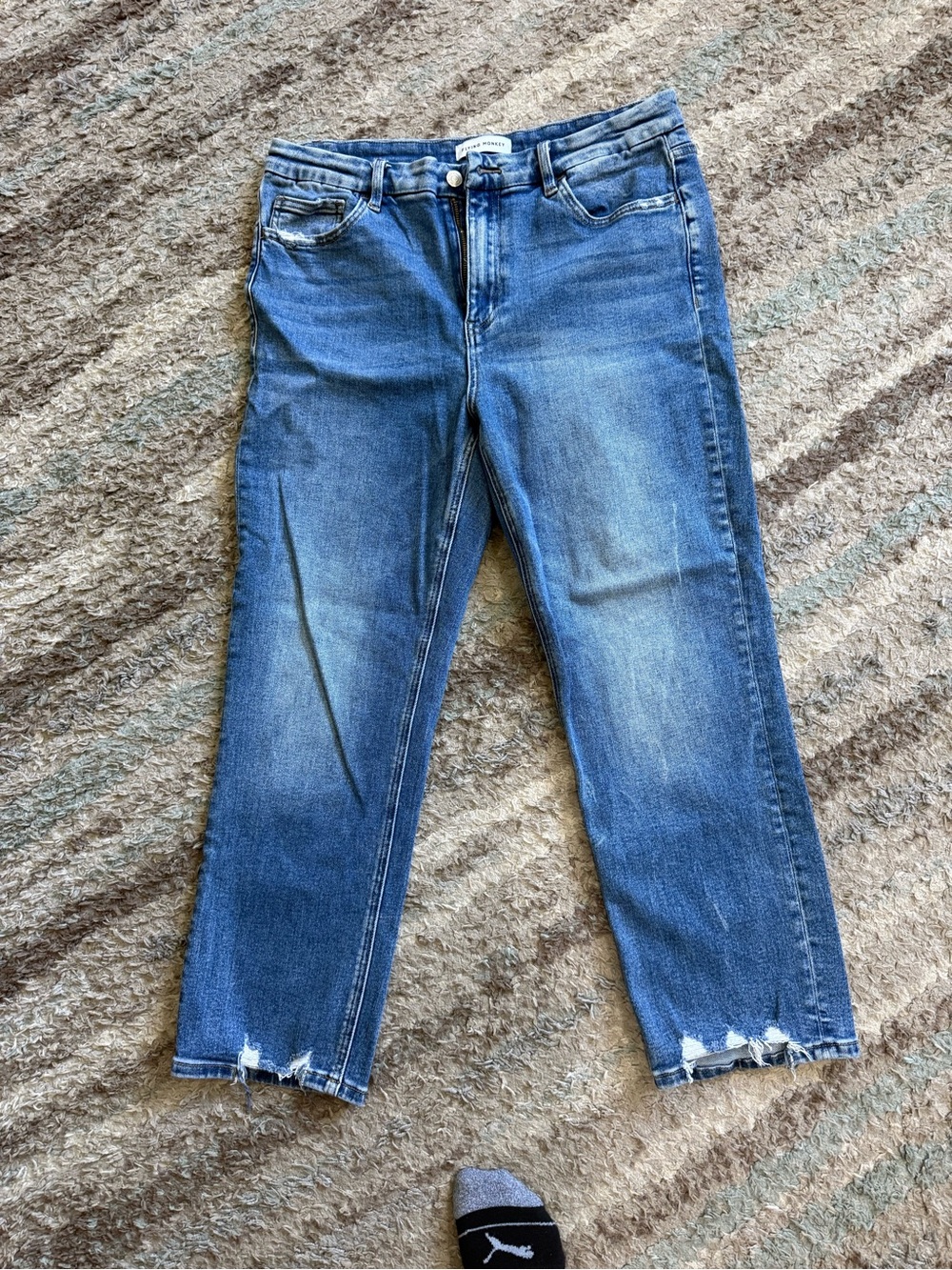 Flying Monkey Women's Blue Straight Leg Jeans with Distressed Hem